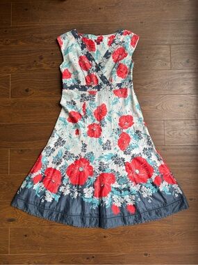 Monsoon White Midi Dress with Red Floral Print and Blue Trim